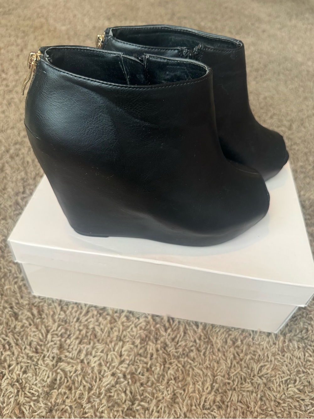 Women's Black Wedge Ankle Booties - Sleek Zip-Back, Open Toe Design
